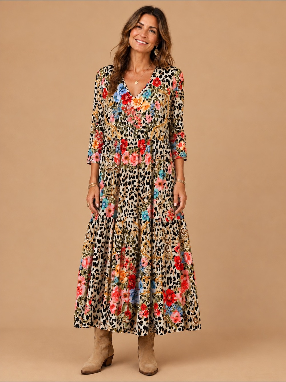 Johnny Was Leopard Floral Multi Tiered Maxi Dress